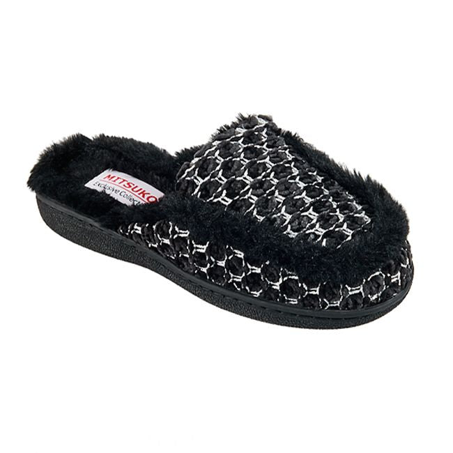 Warm winter house slippers lined with faux fur with a knitted design for women