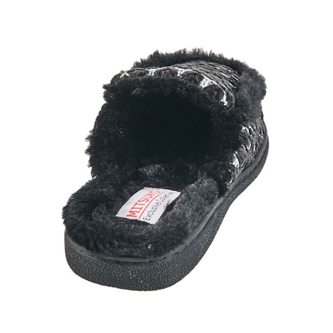 Warm winter house slippers lined with faux fur with a knitted design for women