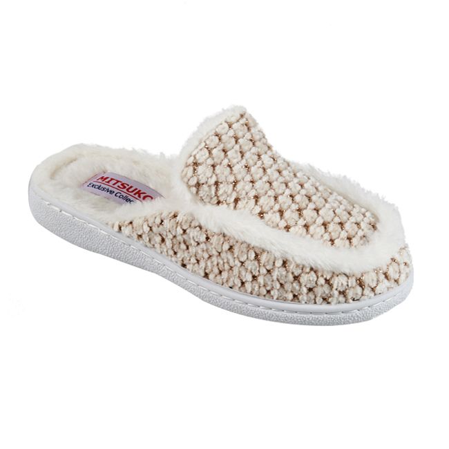 Warm winter house slippers lined with faux fur with a knitted design for women