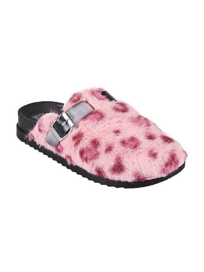 Pink faux fur backless winter mule slips ons for women