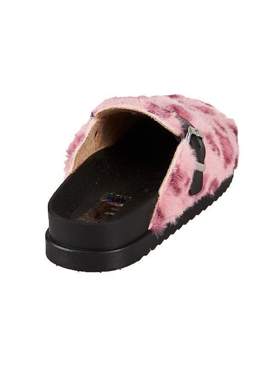 Pink faux fur backless winter mule slips ons for women