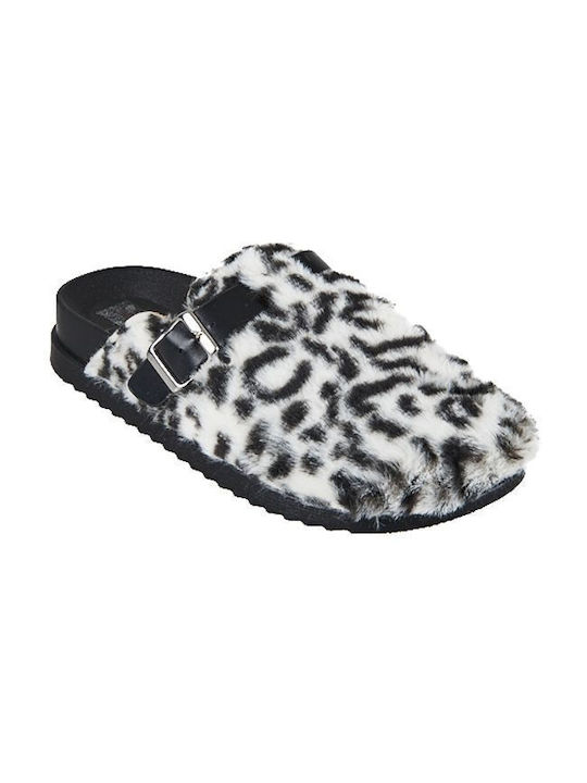 Zebra, black and white faux fur backless winter mule slips ons for women