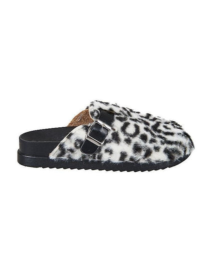 Zebra, black and white faux fur backless winter mule slips ons for women